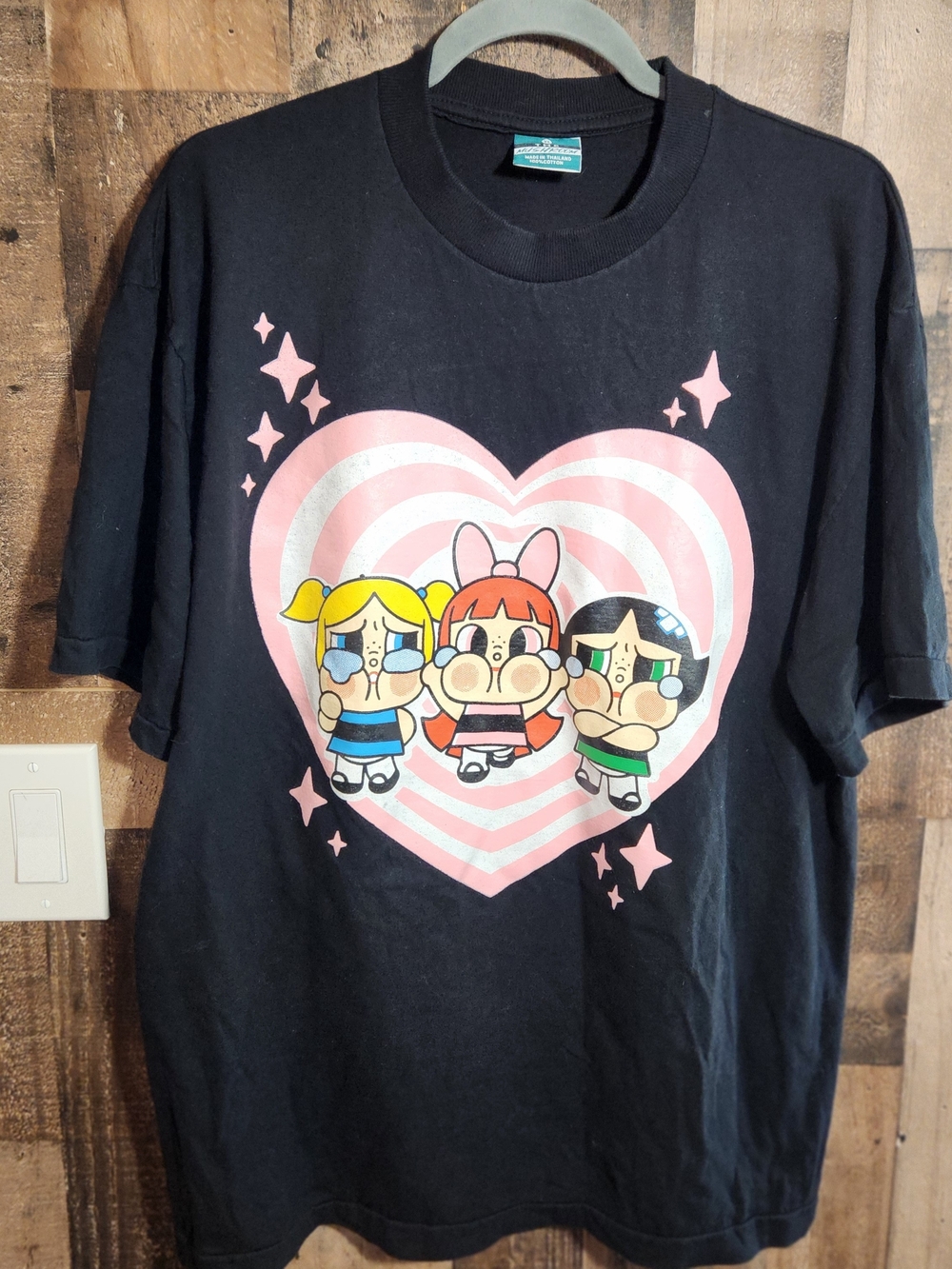 Black Short Sleeve Graphic Tee with Pink Heart and Cartoon Girls